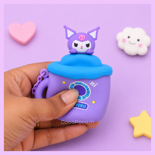 Kuromi pop-up silicone keychain in a purple cup design with keyring, kawaii bag charm.
