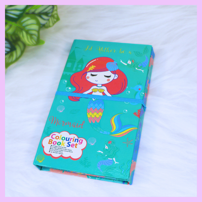 Mermaid colouring book with colour pencils and scratch activity