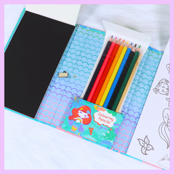 Colouring book with pencils for screen-free creative play