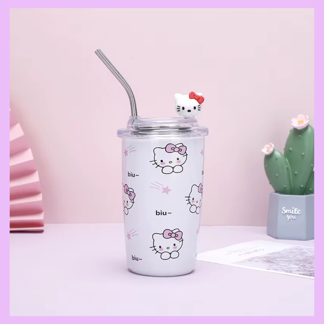 Sanrio 550ml stainless steel straw cup with Hello Kitty white design