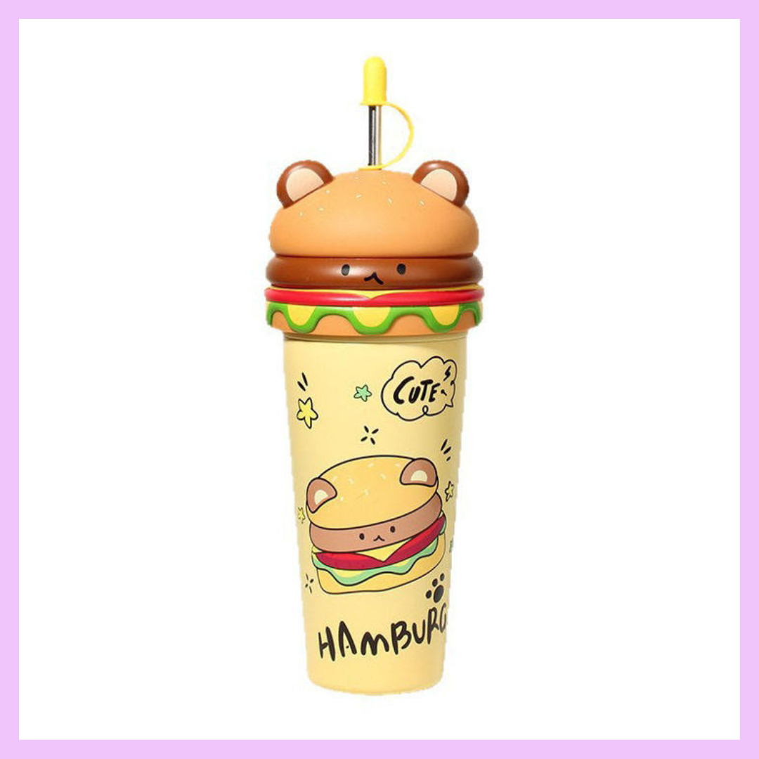 Insulated burger tumbler on a desk with coffee
