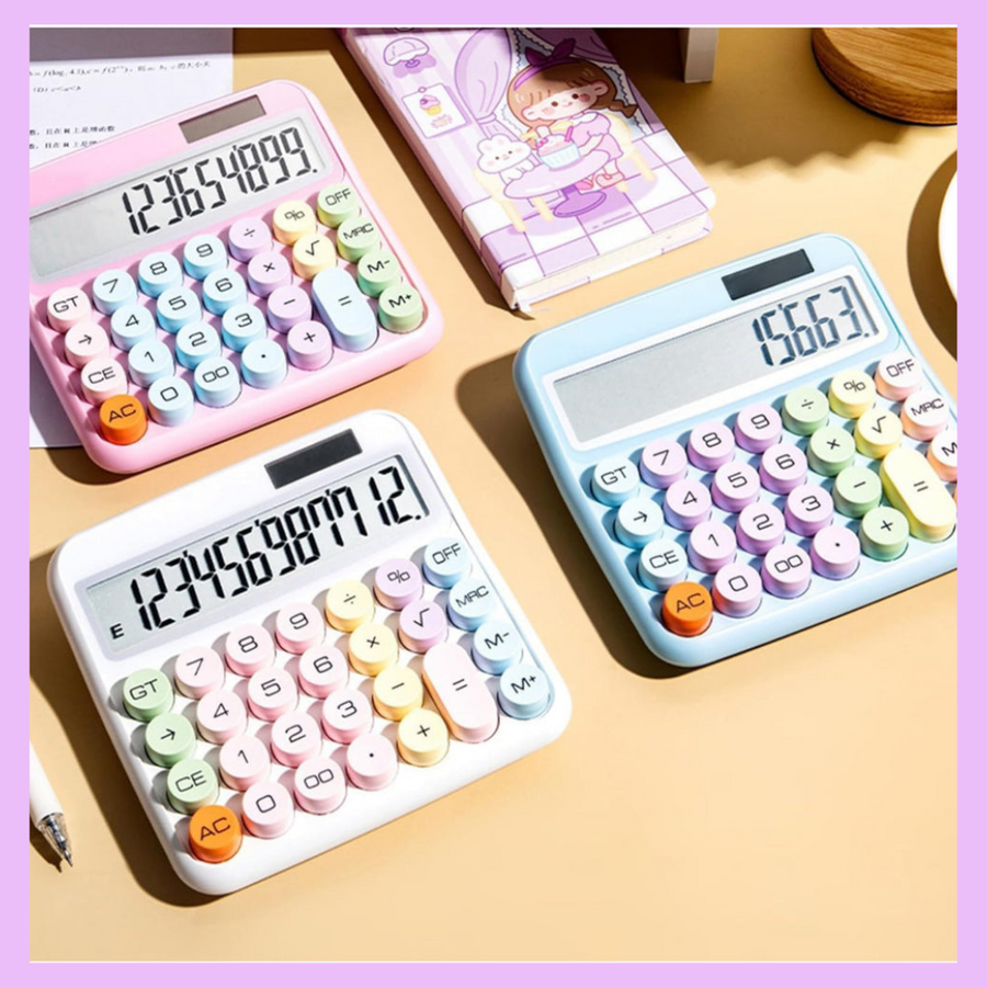 Cute 12 digit colourful key calculator in pink and white
