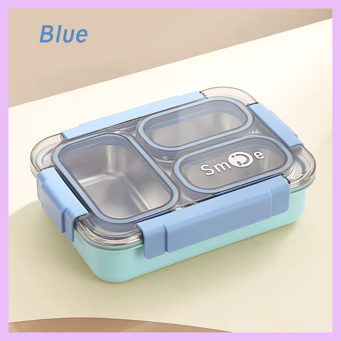 Blue three compartment stainless steel lunch box