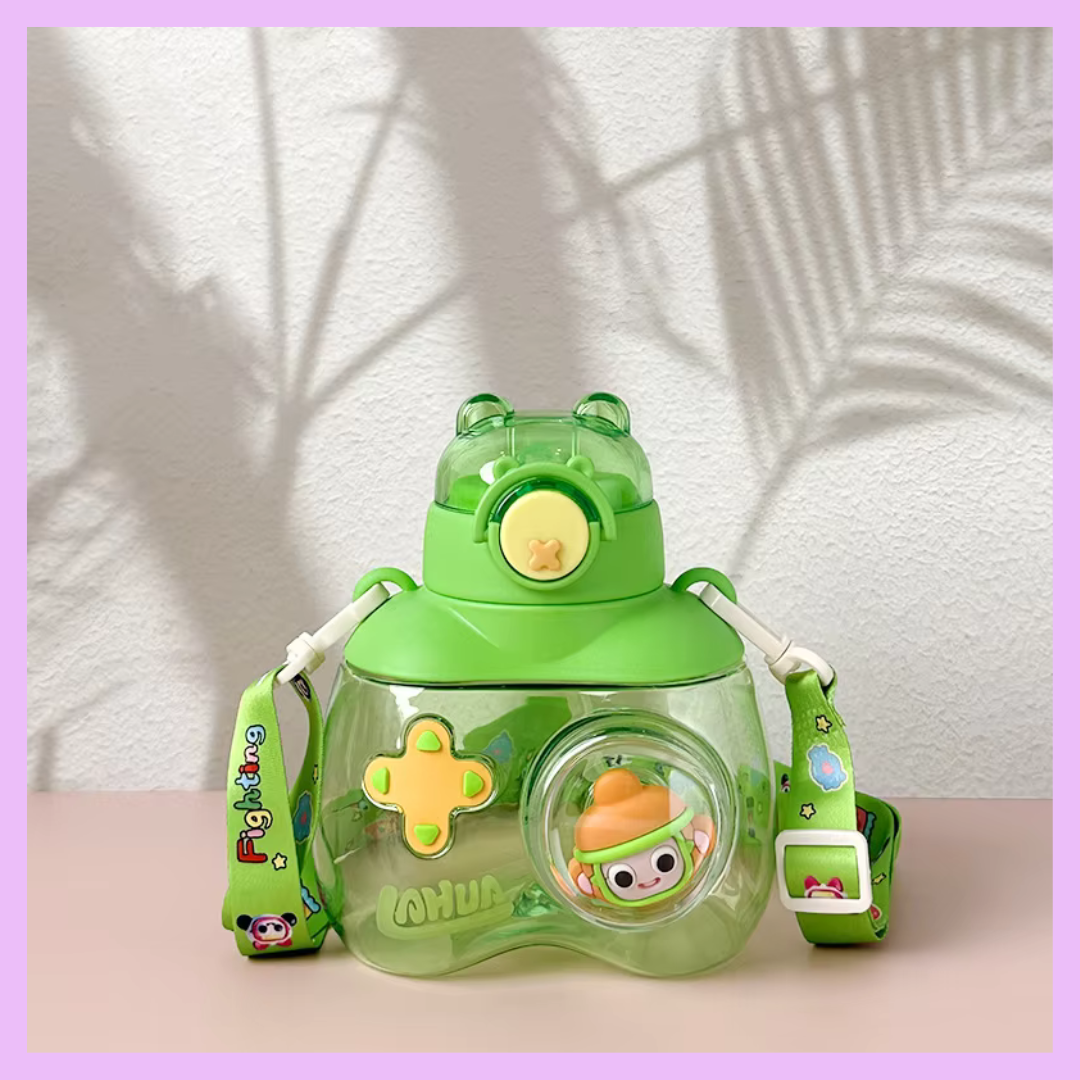 Green kids plastic water bottle with stickers