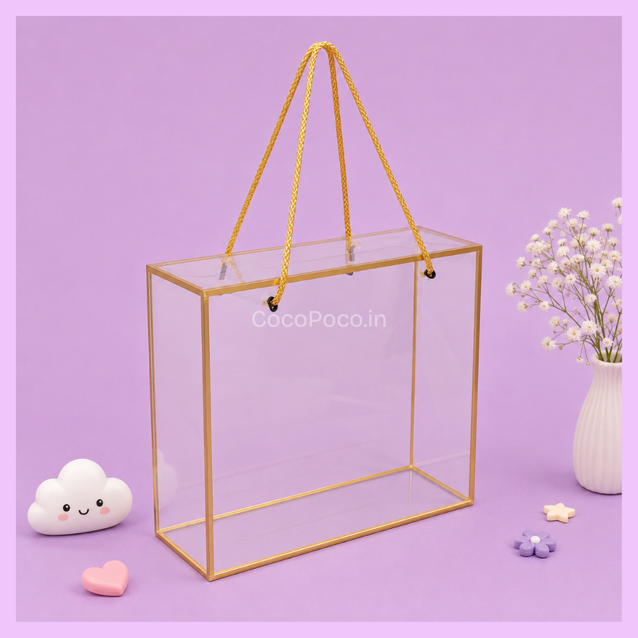 Clear PVC hamper bag with golden detailing 10 x 10 x 3.5 inches