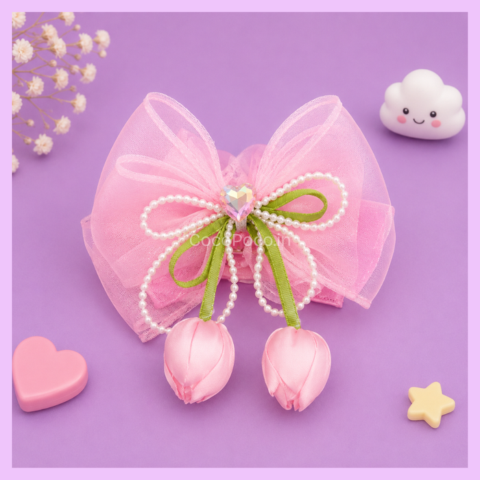 Tulip organza hair clip with pearl bow