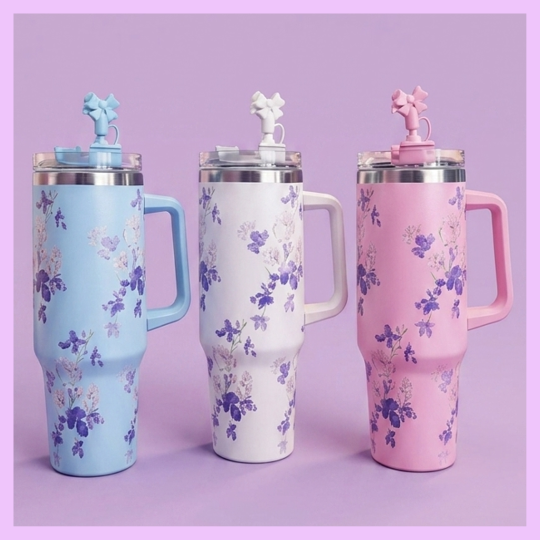 Flower Print Tumblers - with bow straw cap
