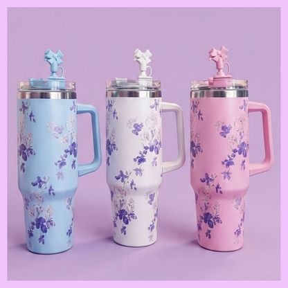 Flower Print Tumblers - with bow straw cap