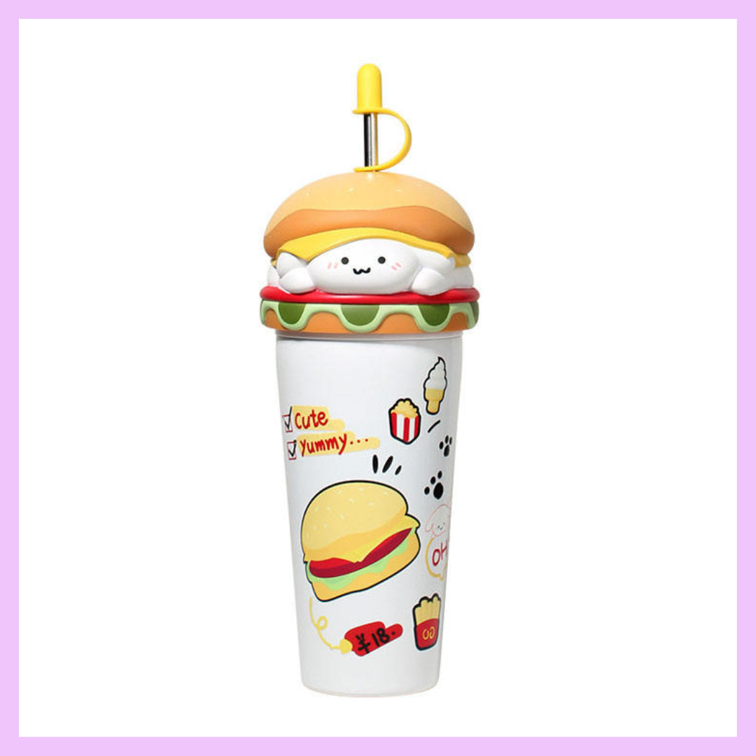 Burger tumbler lid and straw close-up