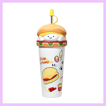 Burger tumbler lid and straw close-up