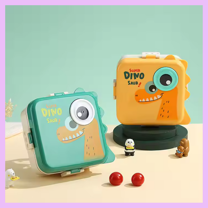 Dinosaur bento tiffin box side view with compartments