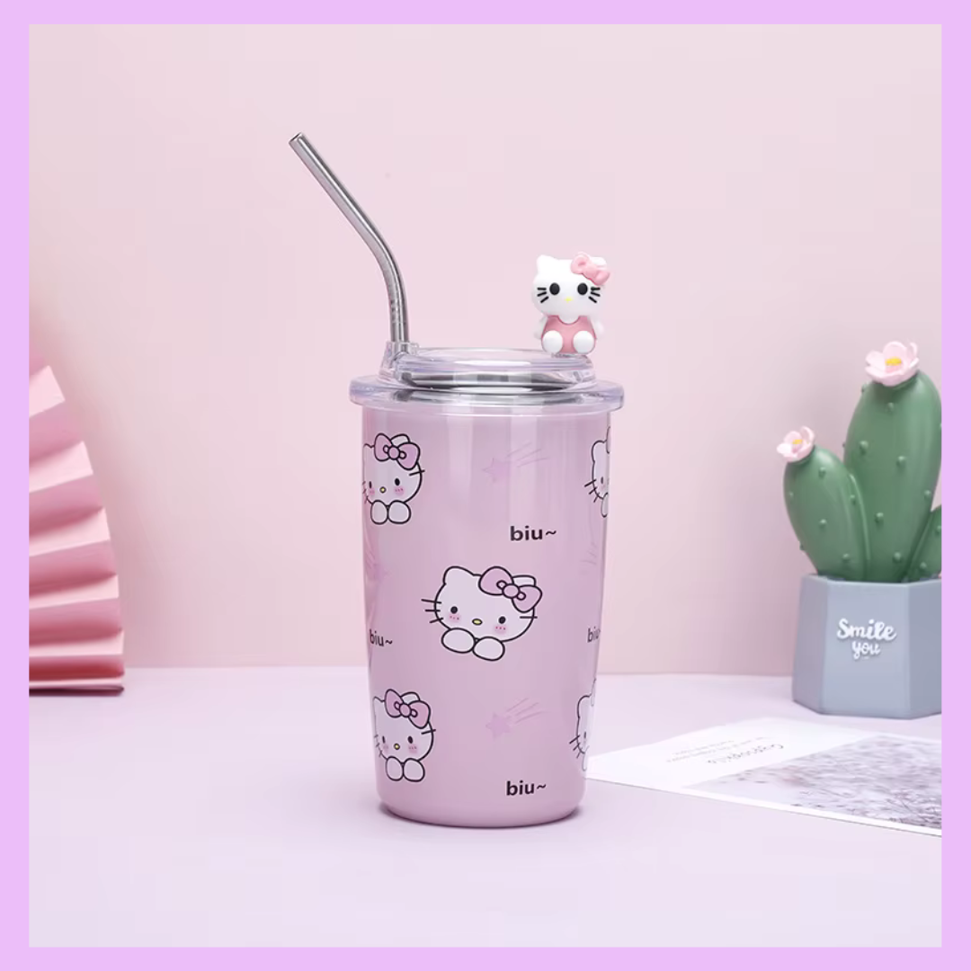 Sanrio 550ml stainless steel straw cup with Hello Kitty pink design