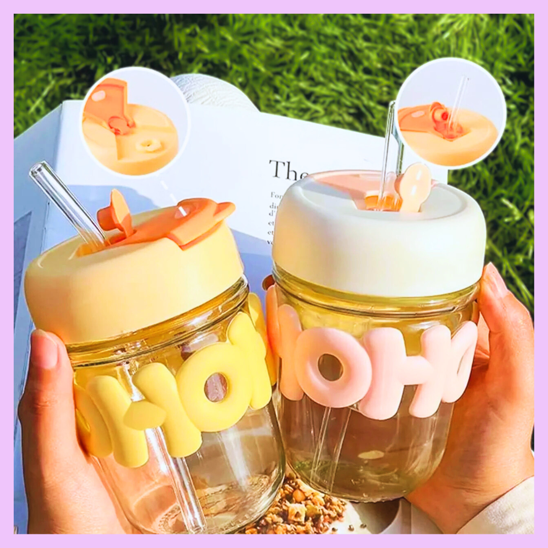 Glass coffee cup with silicone lid and glass straw product view