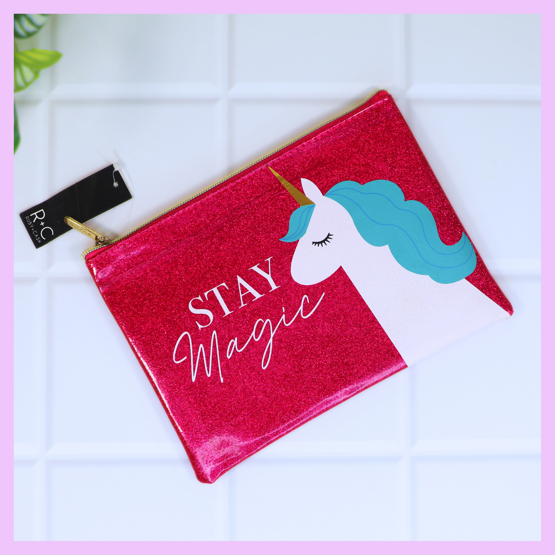 Glitter multipurpose pouch with Stay Magic design