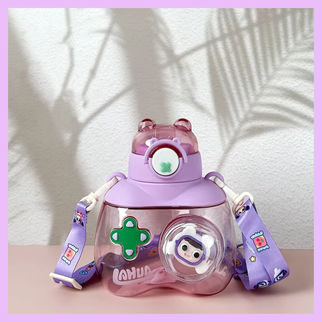 Purple kids plastic water bottle with stickers