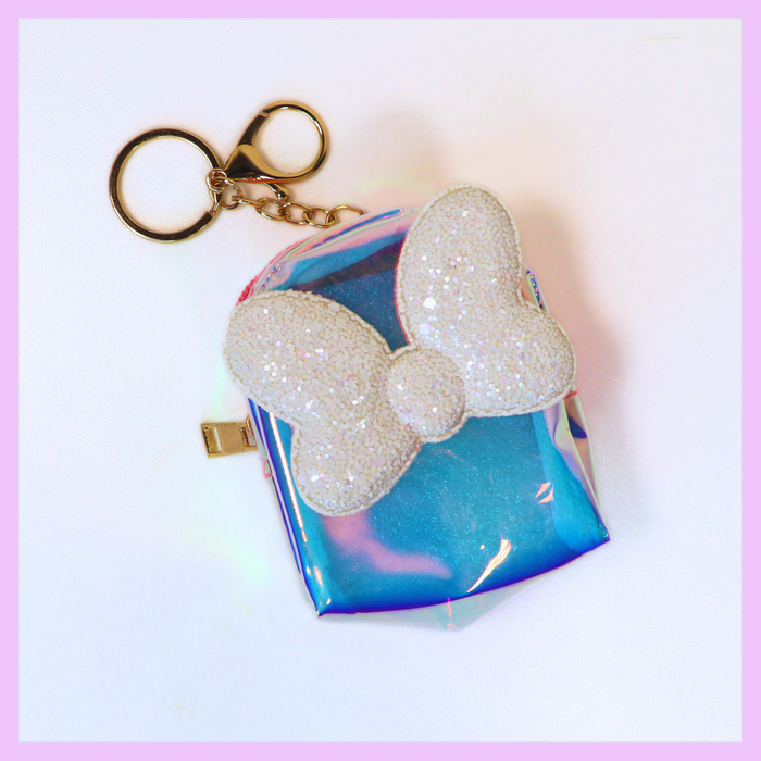 White holographic bow coin pouch keychain