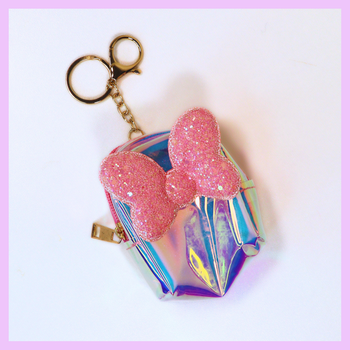 Pink holographic bow coin pouch keychain