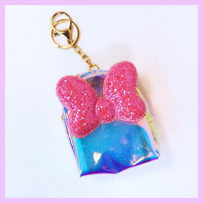 Dark pink holographic bow coin pouch keychain