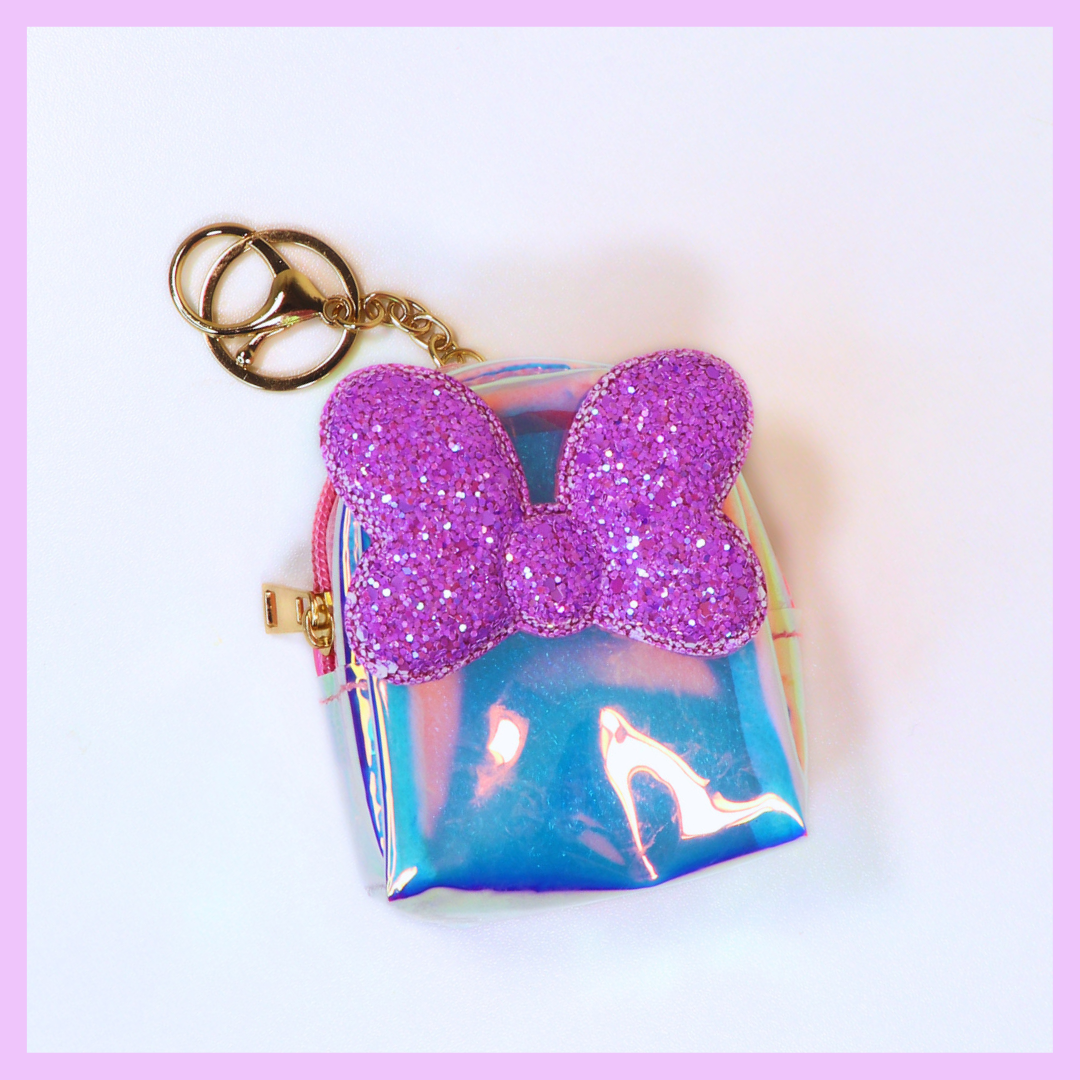 Purple holographic bow coin pouch keychain