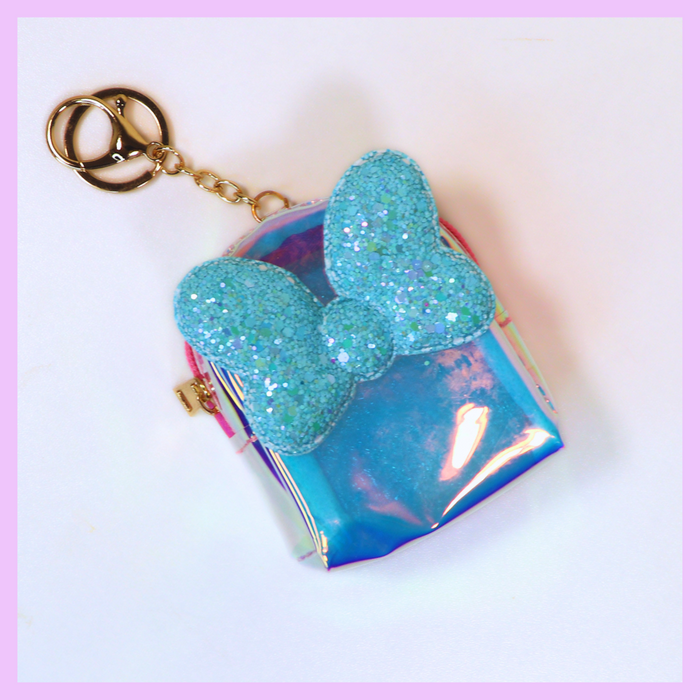 Light blue holographic bow coin pouch keychain