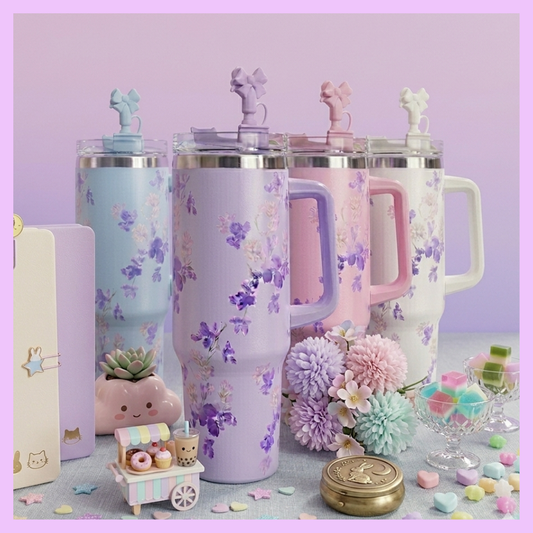 Flower Print Tumblers - with bow straw cap