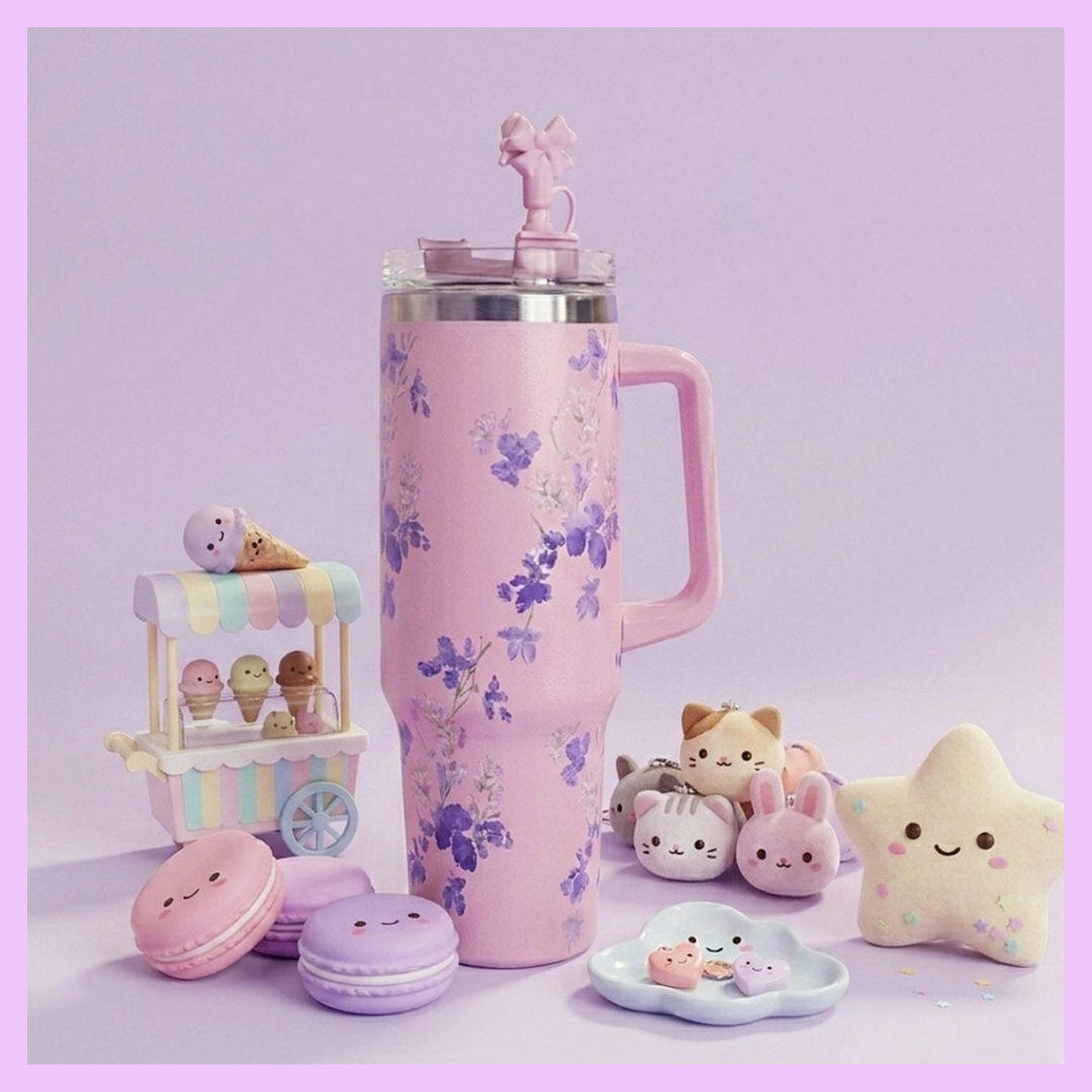 Flower Print Tumblers - with bow straw cap