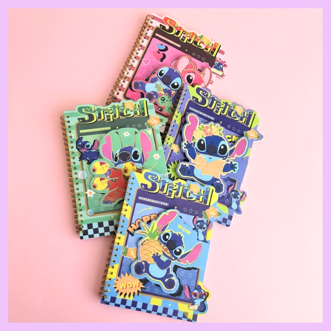 Collection of Stitch Notebooks including Luck, Love, Shoot, and Happy variants, kawaii stationery gift for kids and teens.