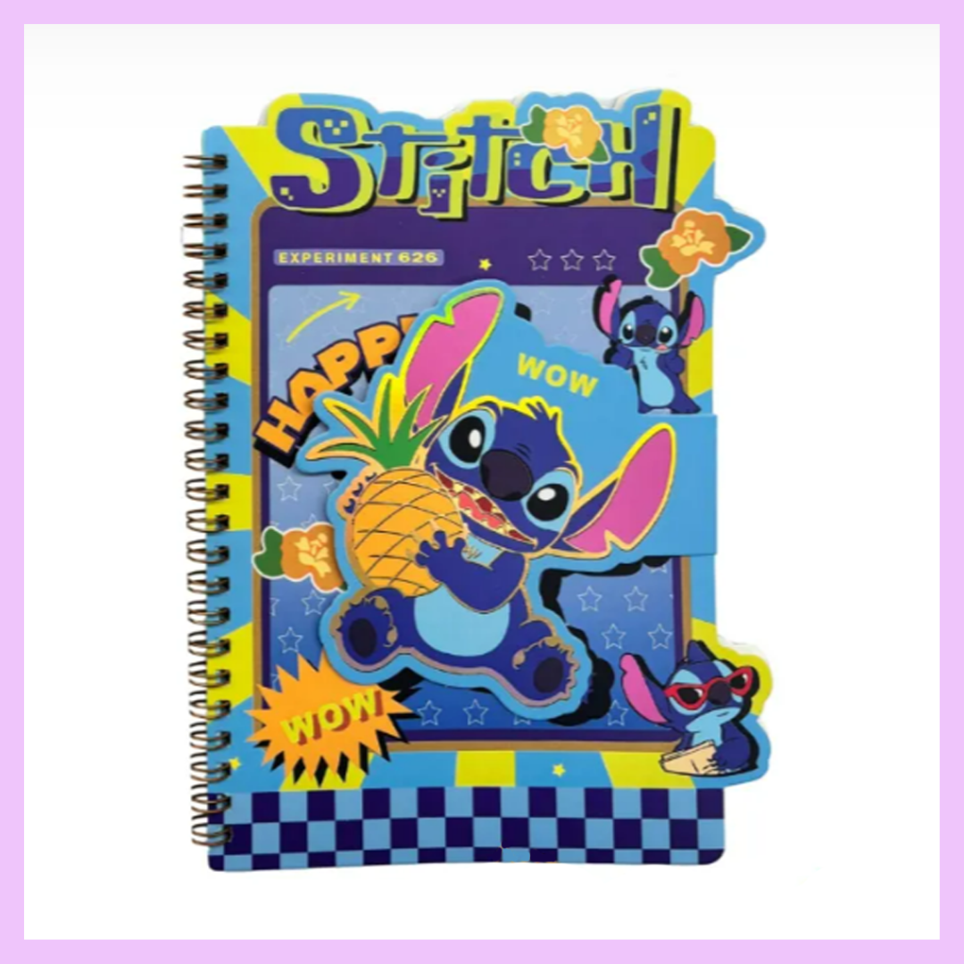 Stitch Notebook Happy Variant featuring playful Stitch illustration, compact notebook for daily writing and school use.