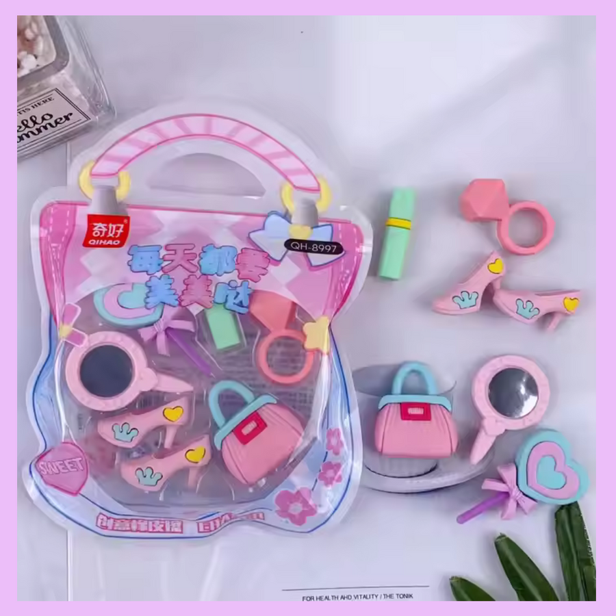 Makeup-themed novelty eraser set