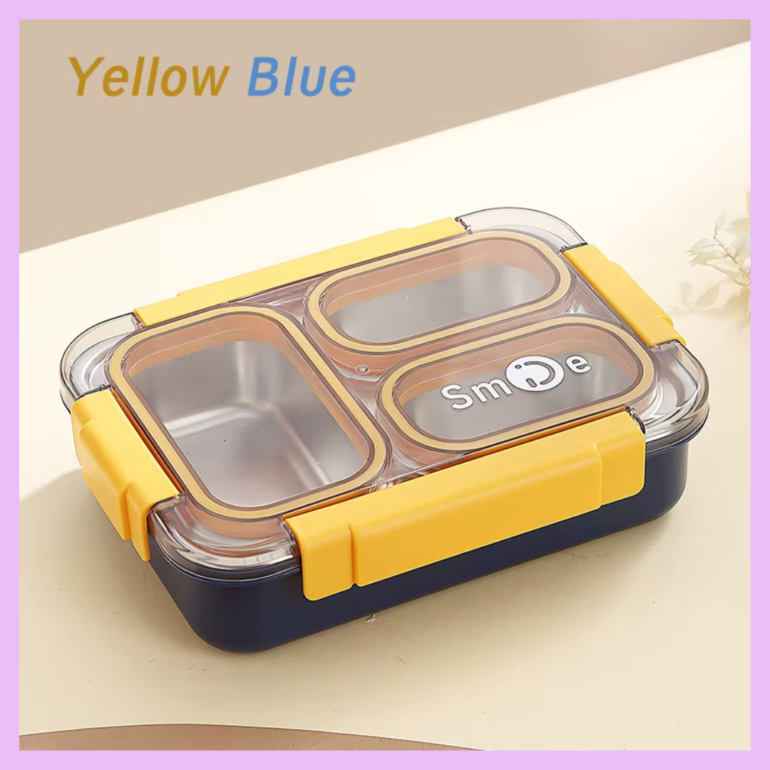Yellow three compartment stainless steel lunch box