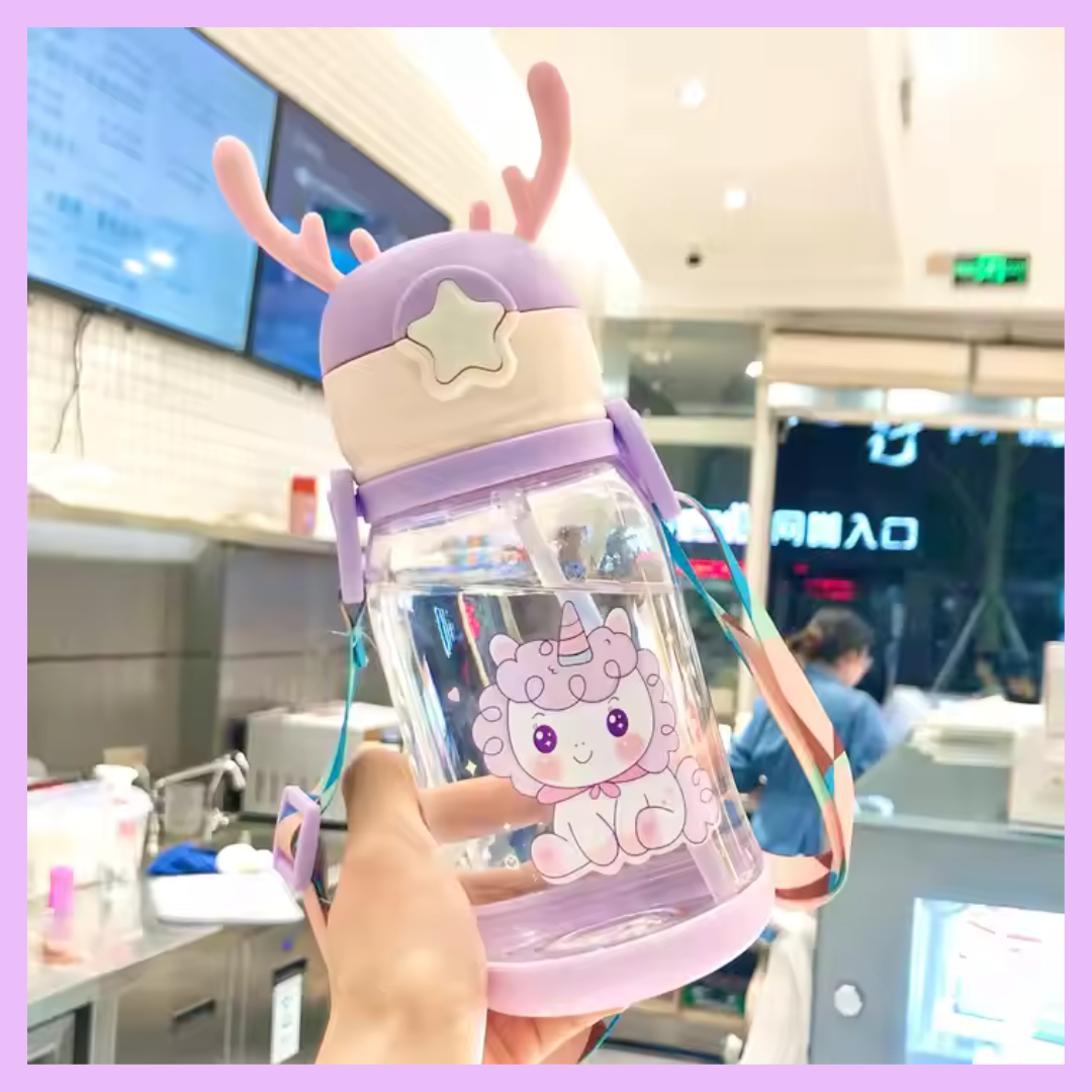 Purple horn-shaped plastic water bottle