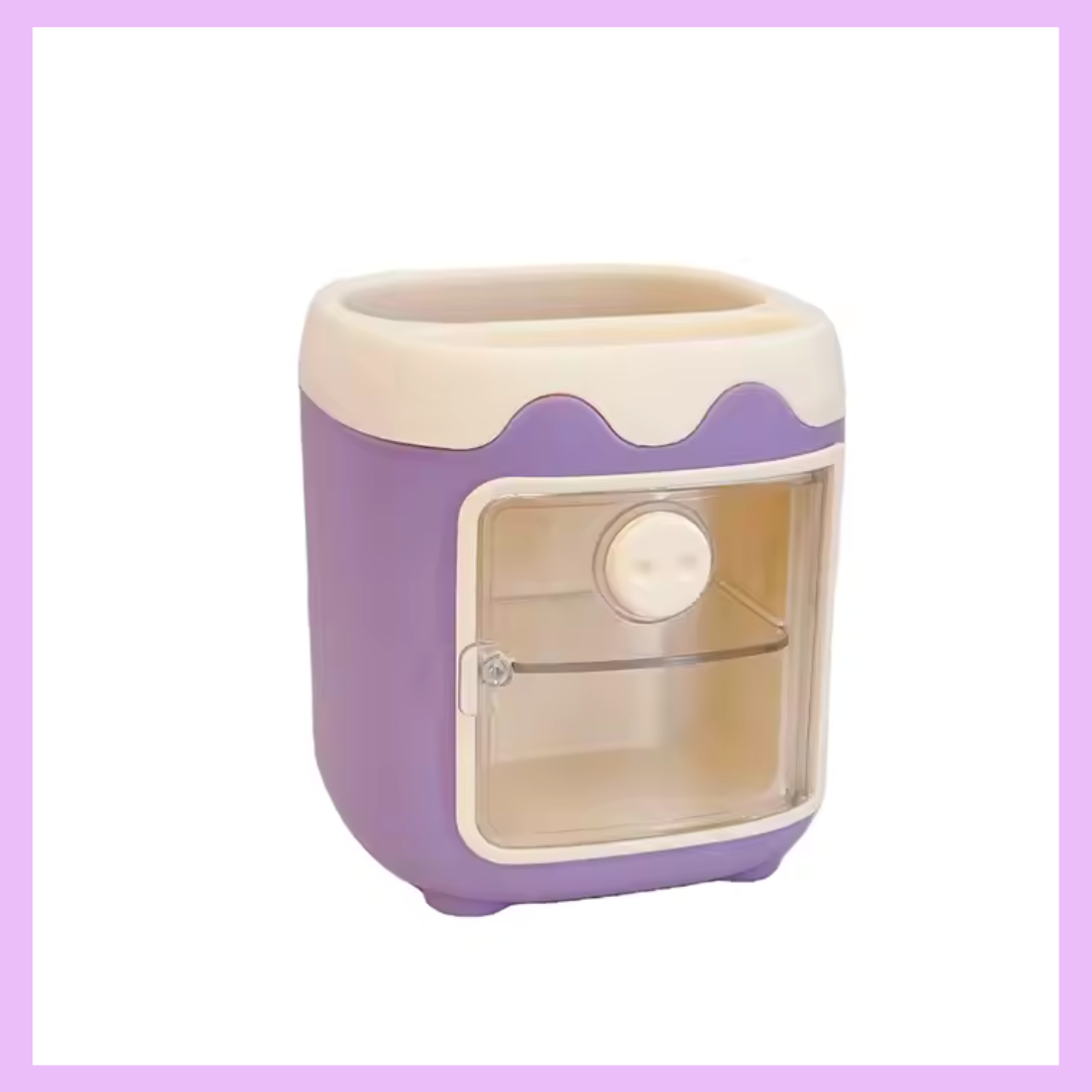Purple piggy desk organiser for desk stationery
