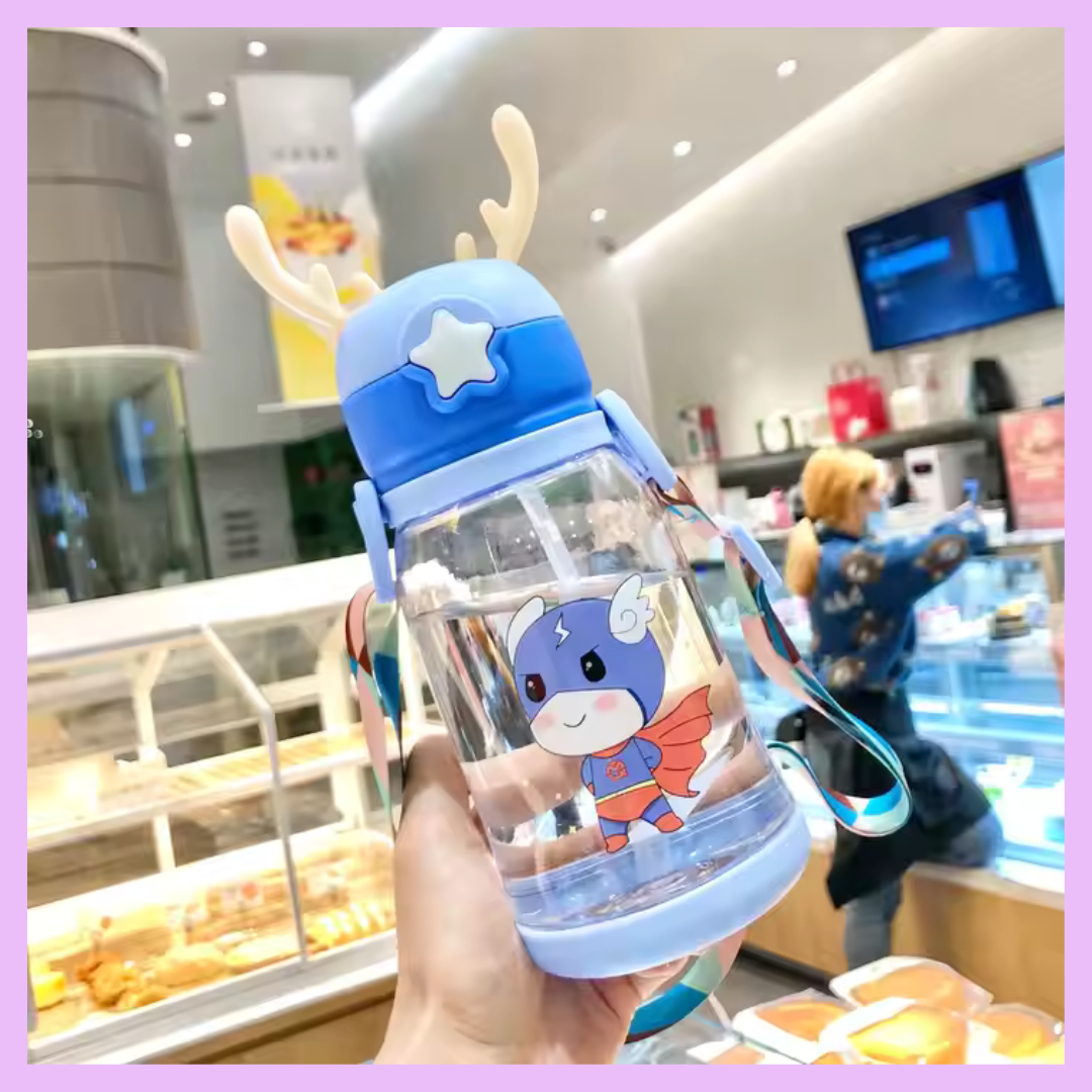 Blue horn-shaped plastic water bottle