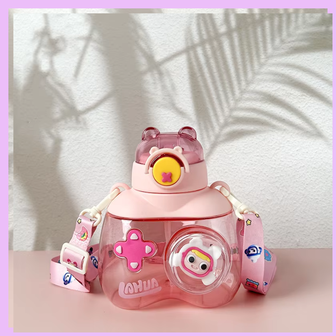 Pink kids plastic water bottle with stickers
