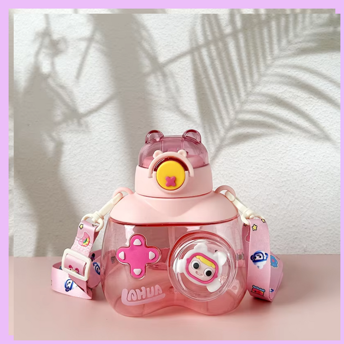 Pink kids plastic water bottle with stickers