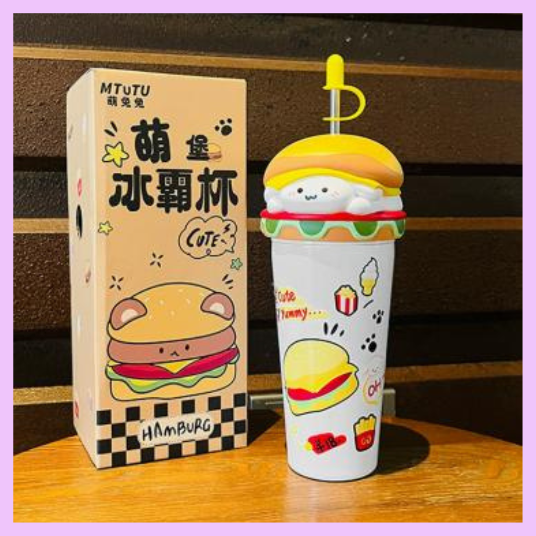 Burger-shaped insulated tumbler with reusable straw