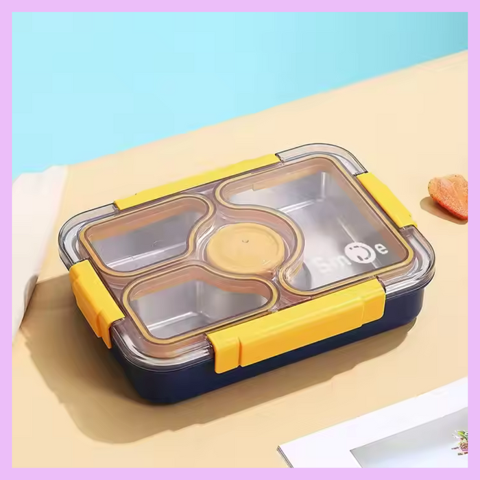 Yellow four compartment stainless steel lunch box