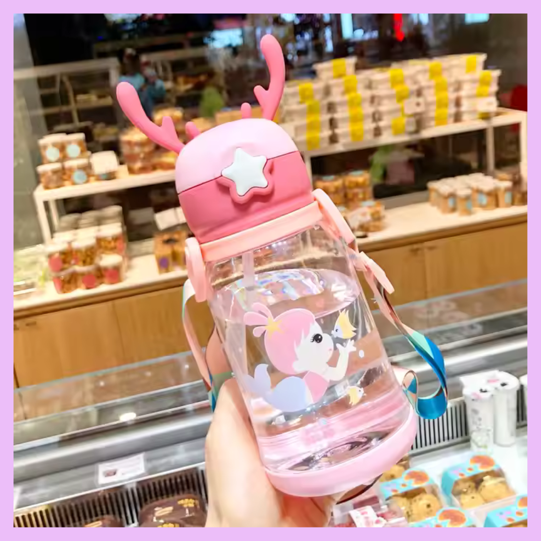 Pink horn-shaped plastic water bottle