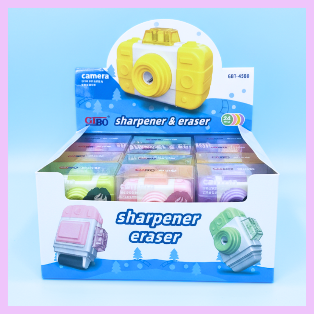 Camera shaped eraser and sharpener detail