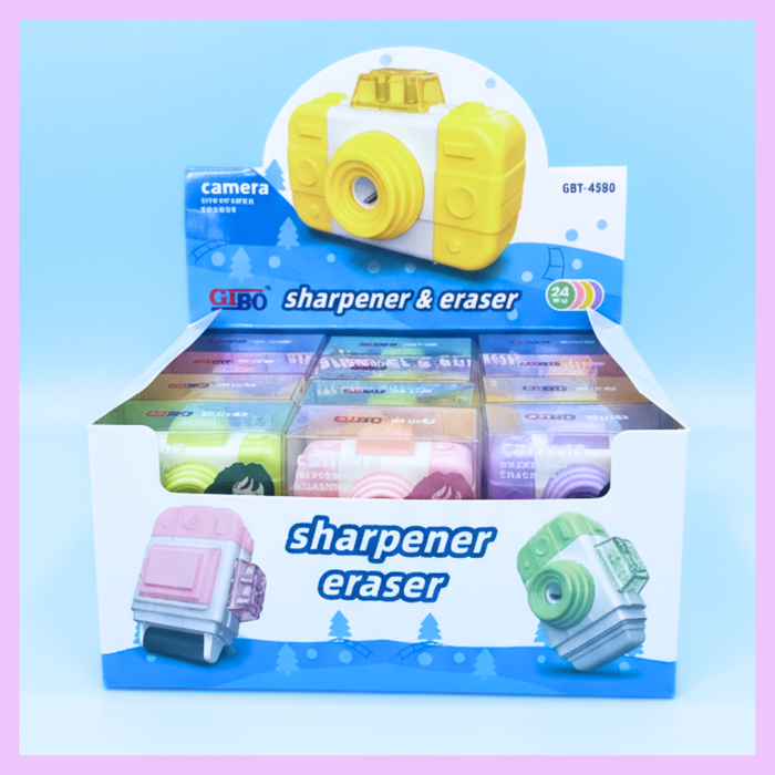 Camera shaped eraser and sharpener detail