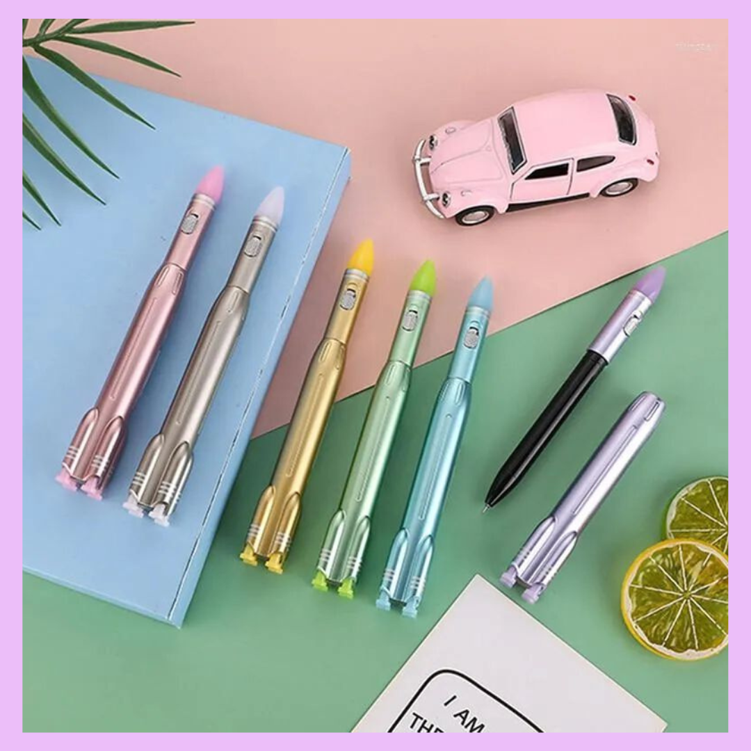 Rocket gel pens in pink yellow purple light blue silver and green