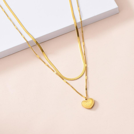 Anti Tarnish Necklace  - Double Layer Heart - Love You
