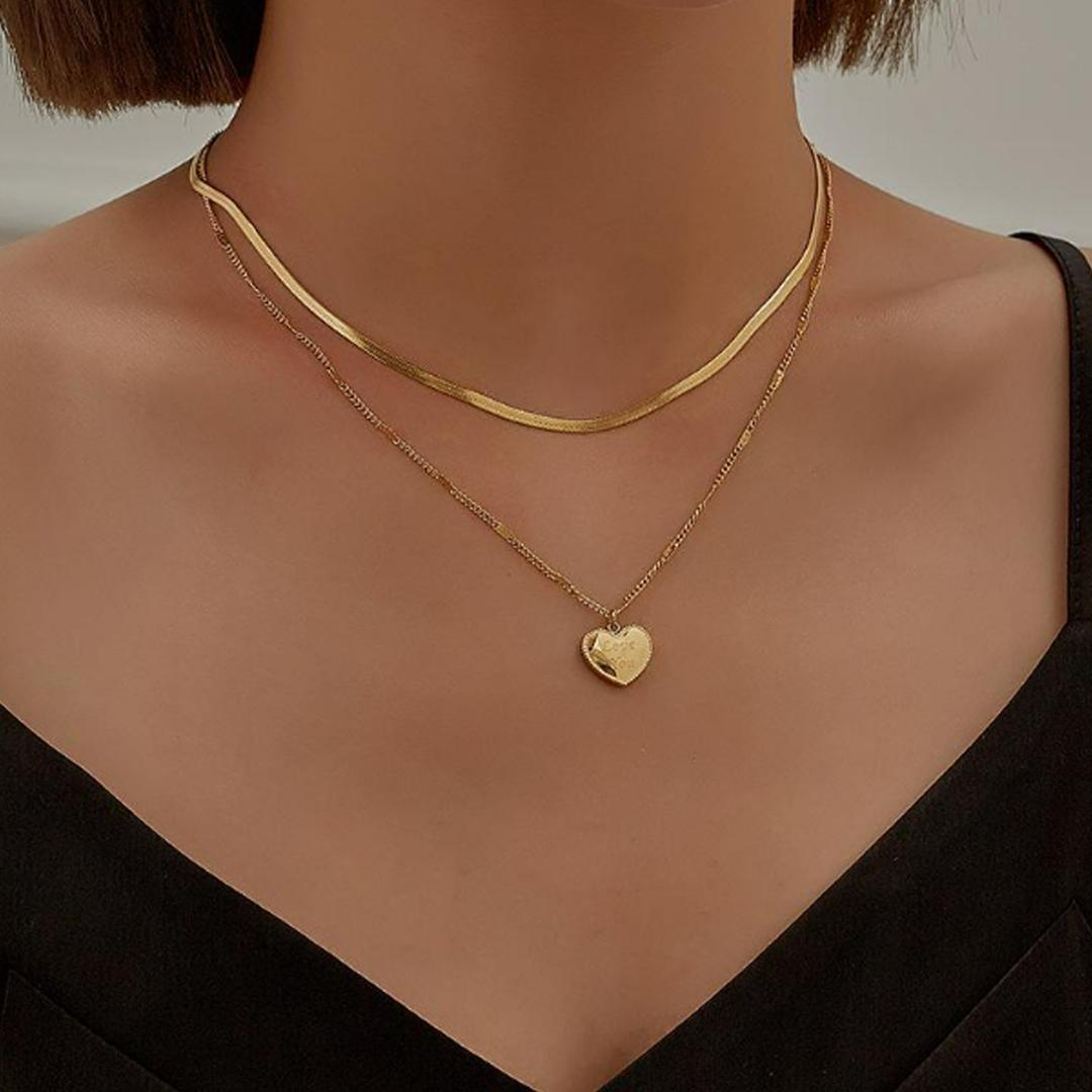 Anti Tarnish Necklace  - Double Layer Heart - Love You