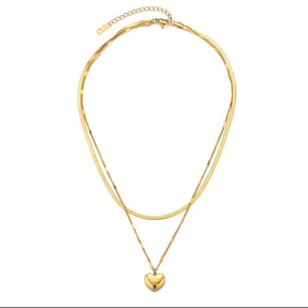 Anti Tarnish Necklace  - Double Layer Heart - Love You