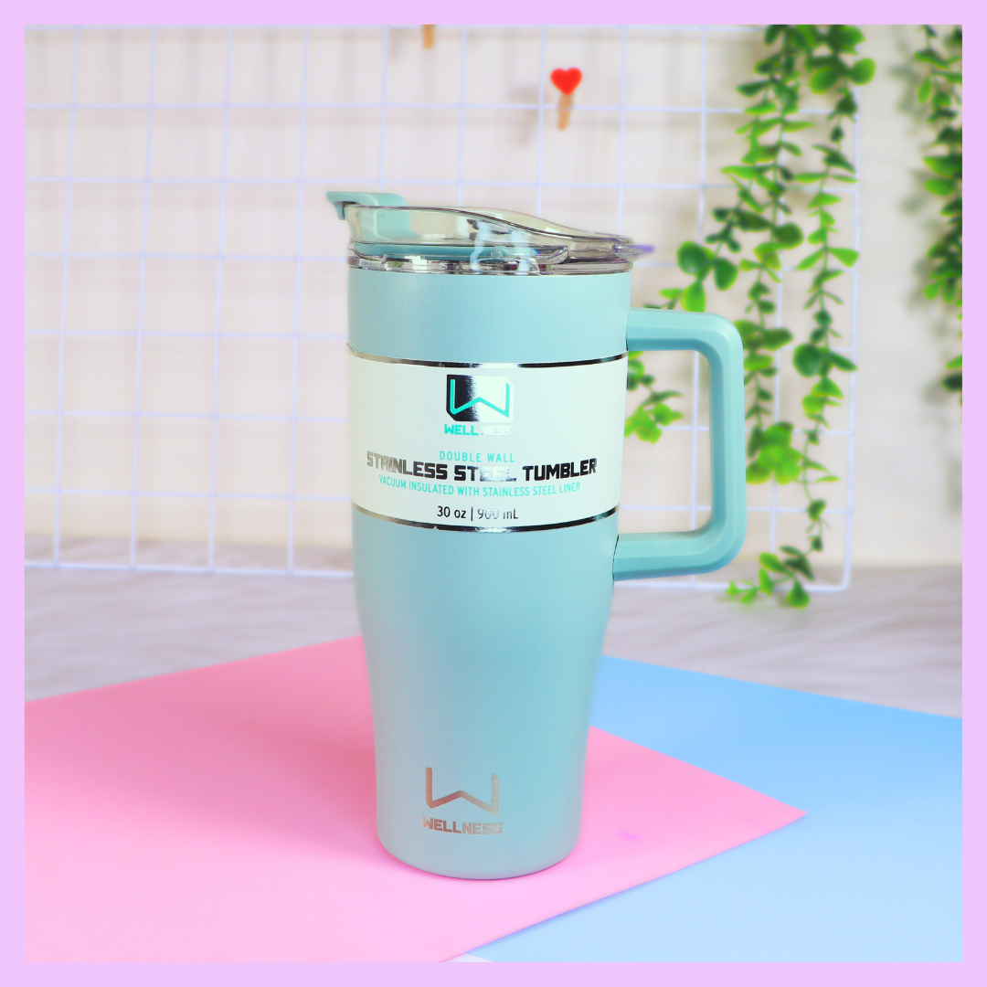 Green 900 ml stainless steel tumbler with straw